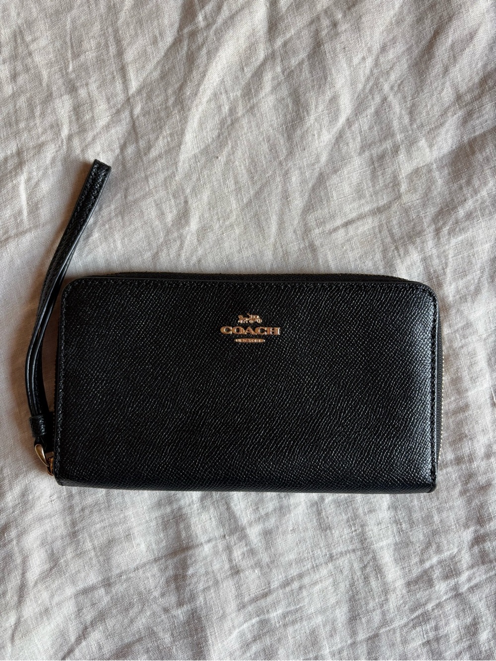 Coach Black Leather Zip-Around Wristlet with Gold Logo